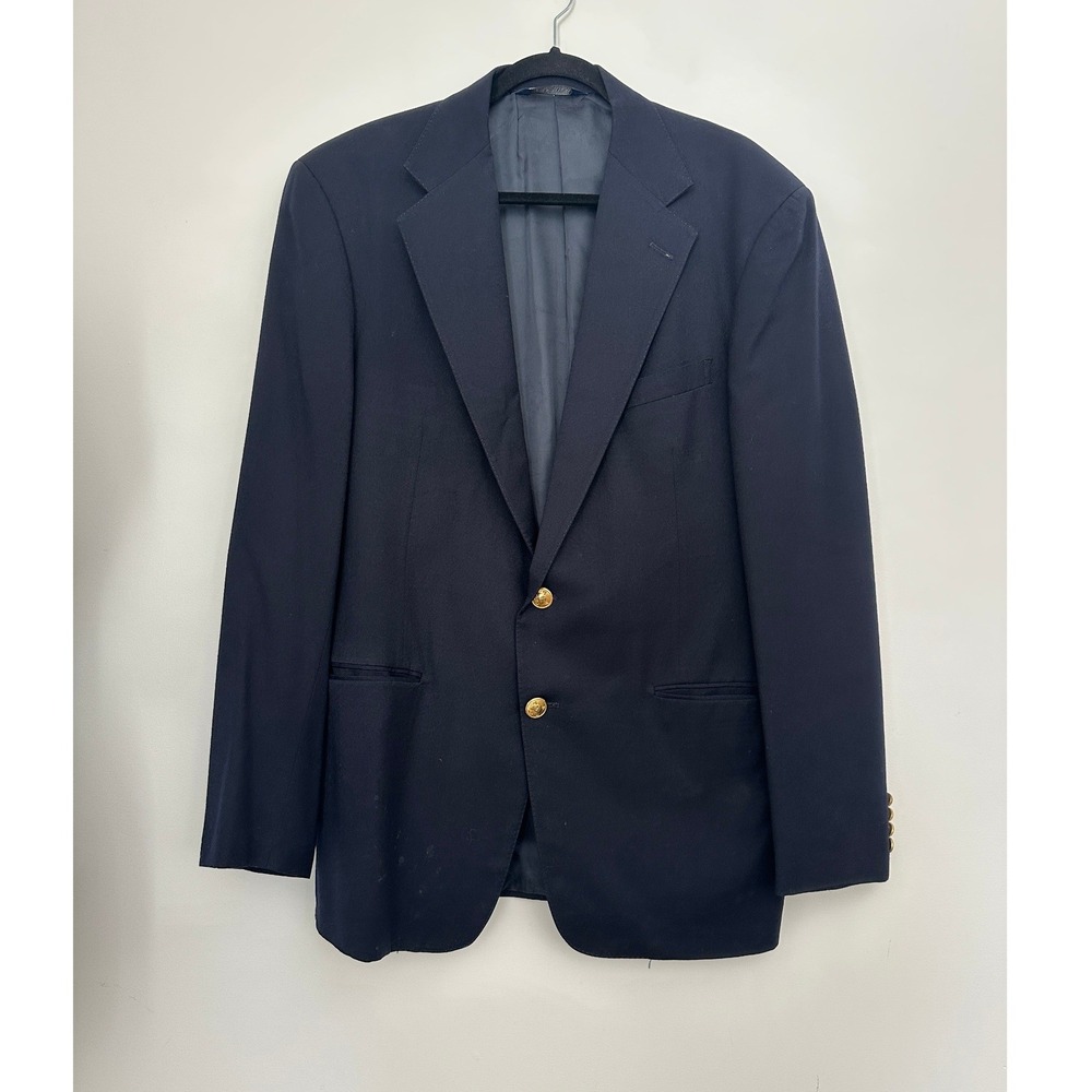 Vintage Polo Ralph Lauren Blazer Gold Crest Buttons Mens 42R Navy Blue Wool USA